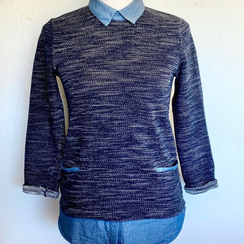 Ann Taylor Heathered Navy Sweater w/ Denim Collar & Shirttail Hem Preppy Classic